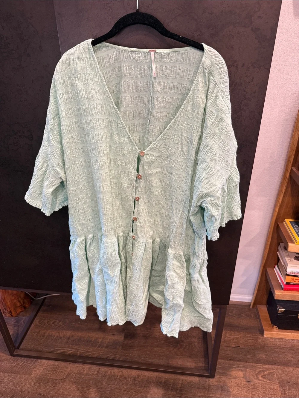 Free People Mint Green Textured Button-Front Mini Dress